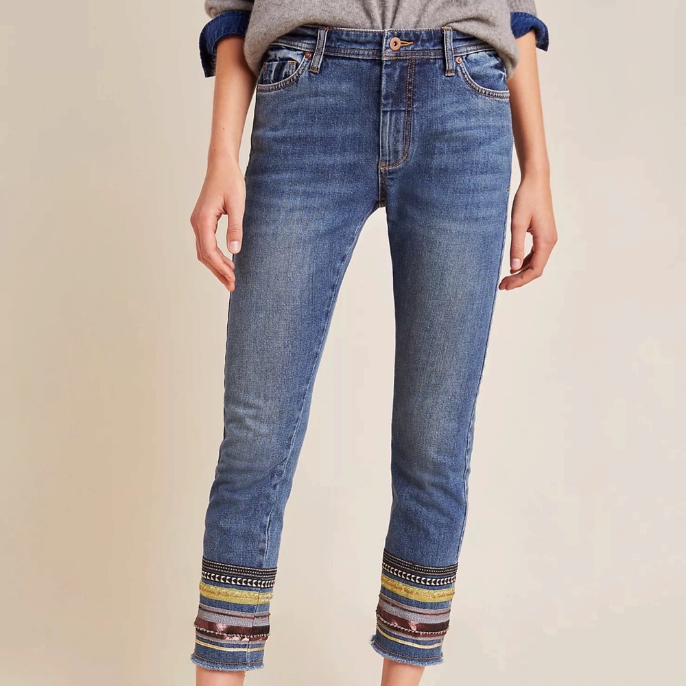 Anthropologie Blue Jeans with Patterned Hem NWT